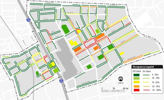 Example of a parking study in the City of Santa Rosa looking at the balance of supply and demand on a weekday at noontime. 